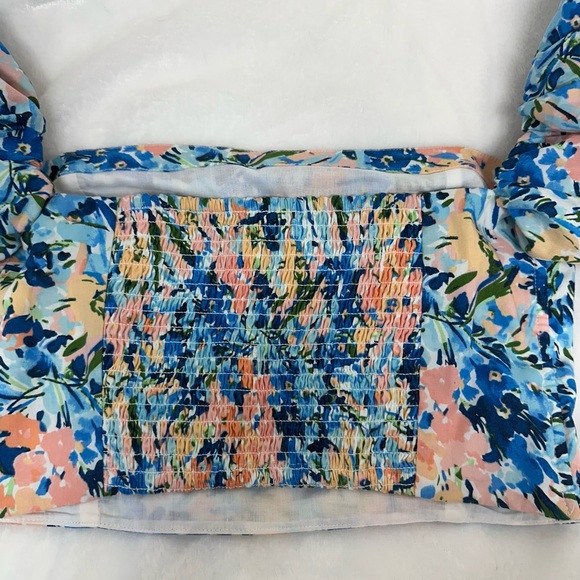 Abercrombie & Fitch Floral Crop Top Puff Sleeve Shirt Blue Pink medium blouse - Picture 6 of 13